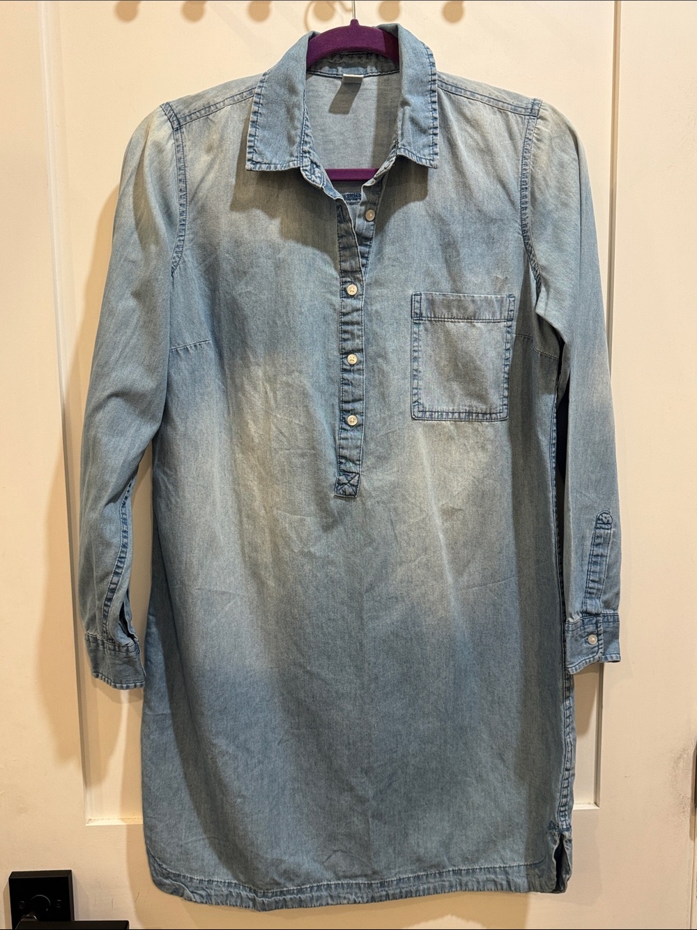Long-Sleeve Denim Mini Shirt Dress Blue Small